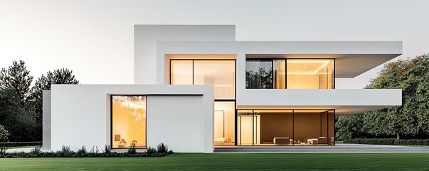 Poster - Minimalist home idea. Modern minimalist house design with large windows and elegant lines in a serene setting.