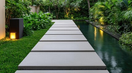 Poster - Spa inspired design minimalist concept. Serene pathway surrounded by lush greenery and tranquil water features.