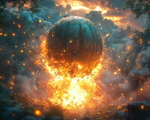 Poster - Enchanted Bomb Explosion Unleashing Swirling Magical Energies in Fantasy Forest Landscape