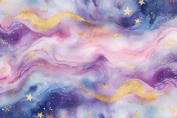 Wall Mural - dreamy watercolor galaxy pattern with pastel nebulas, gold foil stars, and flowing cosmic rivers in 