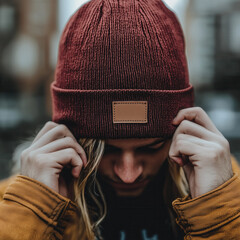 ribbed beanie mockup. tan leather patch on maroon cuffed beanie template for logo, branding. men's u