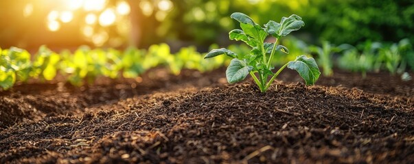Poster - Natural fertilizer gardening idea. A young plant growing in rich soil under warm sunlight, signifying growth and nourishment.