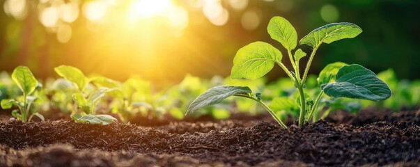 Poster - Natural fertilizer gardening idea. Fresh green seedling growing in soil with sunlight, symbolizing new beginnings and growth.