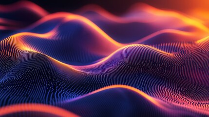 Poster - Abstract Wavy Mesh with Glowing Orange and Purple Dots, Digital Particle Wave Background.