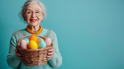 senior woman holding a basket with colorful eggs, easter