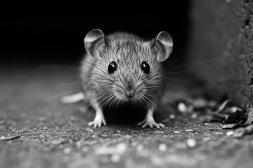 black and white close up of a curious mouse on a concrete surface, showcasing its sparkling eyes and