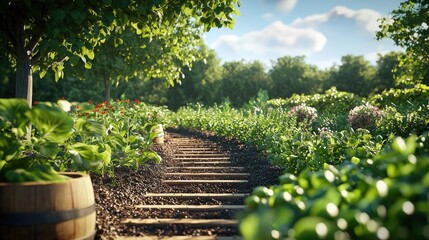 Poster - Natural fertilizer gardening idea. A serene garden path surrounded by lush greenery and vibrant flowers on a sunny day.