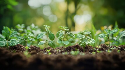 Poster - Natural fertilizer gardening idea. Fresh green seedlings sprouting from rich soil under soft natural light.