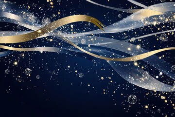 Wall Mural - elegant celebration pattern with swirling metallic ribbons and champagne bubbles, delicate gold and silver confetti on deep navy background, ethereal sparkles and flowing lines