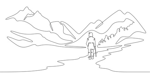 Wall Mural - Continuous one line drawing old man walking in the park. Elderly man against the backdrop of nature. Mountain landscape.One continuous line isolated minimal illustration.Not AI.