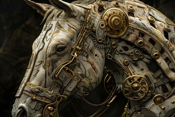 Poster - Close up of a white horse head with futuristic mechanical and steampunk golden prosthesis