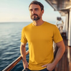 Wall Mural - Summer cruise, vacation t-shirt designs mockup. Handsome man wearing yellow basic tshirt standing on yacht deck, sunny day. Men's blank short sleeve t-shirt template, sea journey outdoors	