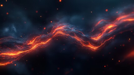 Poster - fiery energy wave abstract glowing red and orange plasma stream against dark background with bokeh e