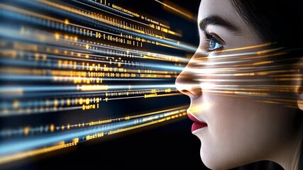 Poster - A woman interacts with digital elements representing information flow and rapid technological advancements in a dark setting