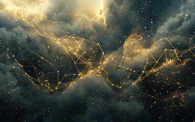 Poster - Golden Network Constellations Against Dark Cloudy Sky Abstract Celestial Connection.