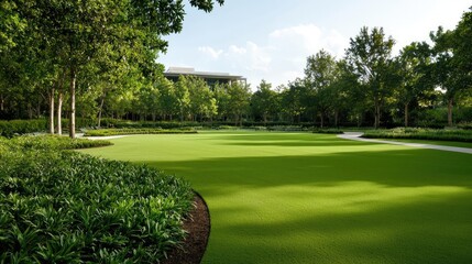 Poster - Green spaces gardening concept. Lush green landscape with trees and manicured grass, perfect for relaxation.