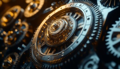 Poster - Intricate Mechanics A Close-Up View of Interlocking Gears and Complex Machinery in Motion