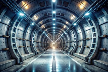 Wall Mural - Futuristic metallic tunnel leading to a bright light at the end of a long, curved passageway with illuminated walls and ceiling