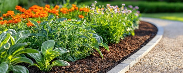 Poster - Natural fertilizer gardening idea. Vibrant flower garden with lush greenery and colorful blossoms in a well-kept landscape.