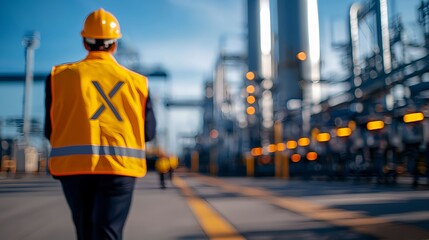 Worker in Safety Vest Observing Industrial Plant Operations