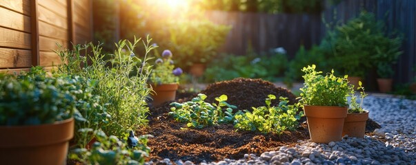 Poster - Natural fertilizer gardening idea. A serene garden scene with vibrant plants basking in warm sunlight.
