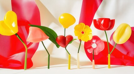 Poster - Colorful arrangement of decorative flowers made from plastic against a vibrant backdrop