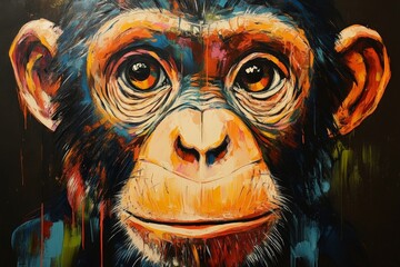 Aufkleber - Vibrant artwork depicting a close-up of a chimpanzee's expressive face in bold colors and intricate details