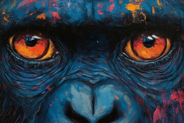 Aufkleber - Detail of colorful gorilla face highlighting deep orange eyes and textured fur in vibrant art style