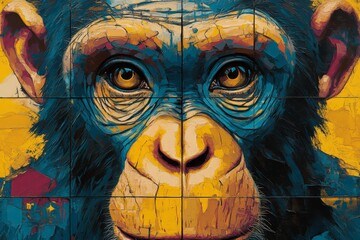 Aufkleber - Vivid mural of a chimpanzee's face in a vibrant urban setting during daylight hours