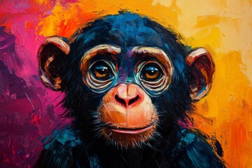 Poster - Colorful portrait of a chimpanzee against a vibrant background reflecting emotion and expression