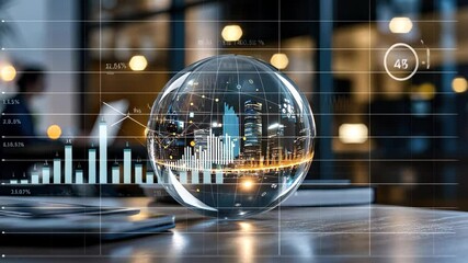 Poster - Focus on a crystal globe displaying dynamic data analytics against a backdrop of a bustling urban workspace at night