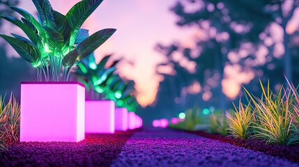 Poster - Urban gardening idea. Vibrant plants illuminated by neon lights create a magical pathway at dusk.