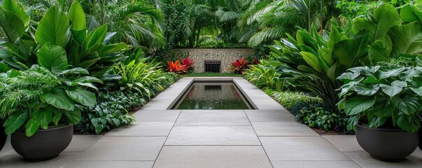 Poster - Gardening landscaping concept. Lush garden with vibrant plants surrounding a tranquil, reflective pool.