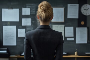 Poster - Businesswoman standing in a modern office looking at a wall covered with documents and a clock indicating afternoon time