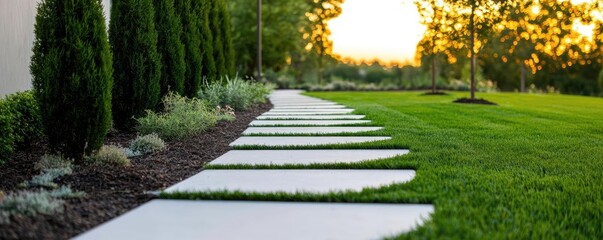 Poster - Gardening landscaping concept. Beautiful garden pathway with green grass and trees during sunset.