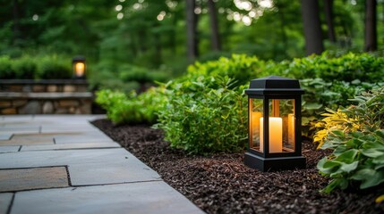Poster - Gardening landscaping concept. A serene garden path illuminated by stylish lanterns surrounded by lush greenery.