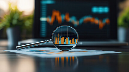 Aufkleber - High resolution image of magnifying glass focusing on financial graph, symbolizing analysis and data interpretation. background features laptop displaying additional data