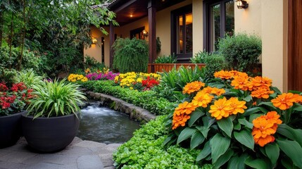 Poster - Gardening landscaping concept. A vibrant garden showcasing colorful flowers and lush greenery alongside a tranquil stream.