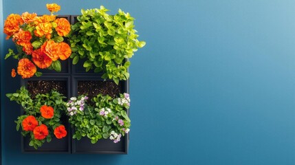 Poster - Urban gardening idea. Vibrant flowers and greenery in a modern planter against a blue wall, adding color.