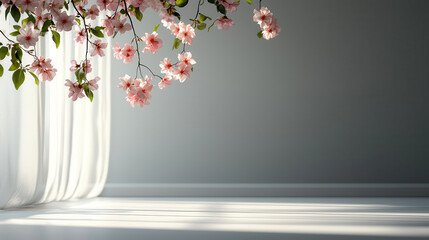 Aufkleber - Delicate pink flowers hang gracefully from curtain, casting soft shadows on serene, light filled room. tranquil atmosphere invites calm and reflection