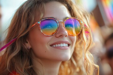 Aufkleber - Woman with colorful sunglasses smiling at a festive outdoor event during the day