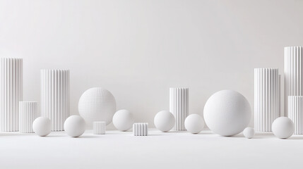Poster - Minimalist composition of white geometric shapes, including spheres and columns, creating modern aesthetic. Ideal for backgrounds or design projects