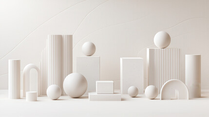 Aufkleber - Minimalist arrangement of white geometric shapes on light background, showcasing various forms like spheres, cylinders, and blocks, creating serene and modern aesthetic