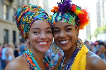 Wall Mural - Smiling women in vibrant headwraps celebrate culture during a city festival on a sunny day