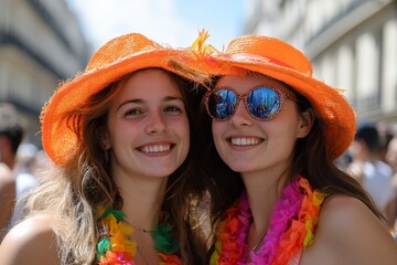 Wall Mural - Friends enjoy a vibrant summer festival in colorful hats and leis against a lively street backdrop