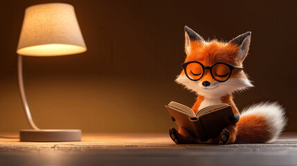 Poster - small animated fox wearing glasses reads book under warm lamp light, creating cozy atmosphere. fox appears content and engaged in its reading