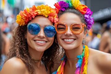 Wall Mural - Colorful friends celebrate at a vibrant street festival wearing floral accessories and bright sunglasses