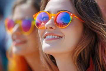 Wall Mural - Bright and cheerful young women enjoy a sunny day at an outdoor festival wearing colorful sunglasses and smiling widely