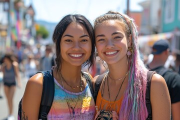 Wall Mural - Two friends smiling together at a vibrant street fair during a sunny day in a seaside town