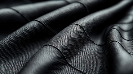 Poster - Soft black textured fabric with intricate patterns and folds, showcasing its luxurious feel and depth. Perfect for upholstery or fashion design